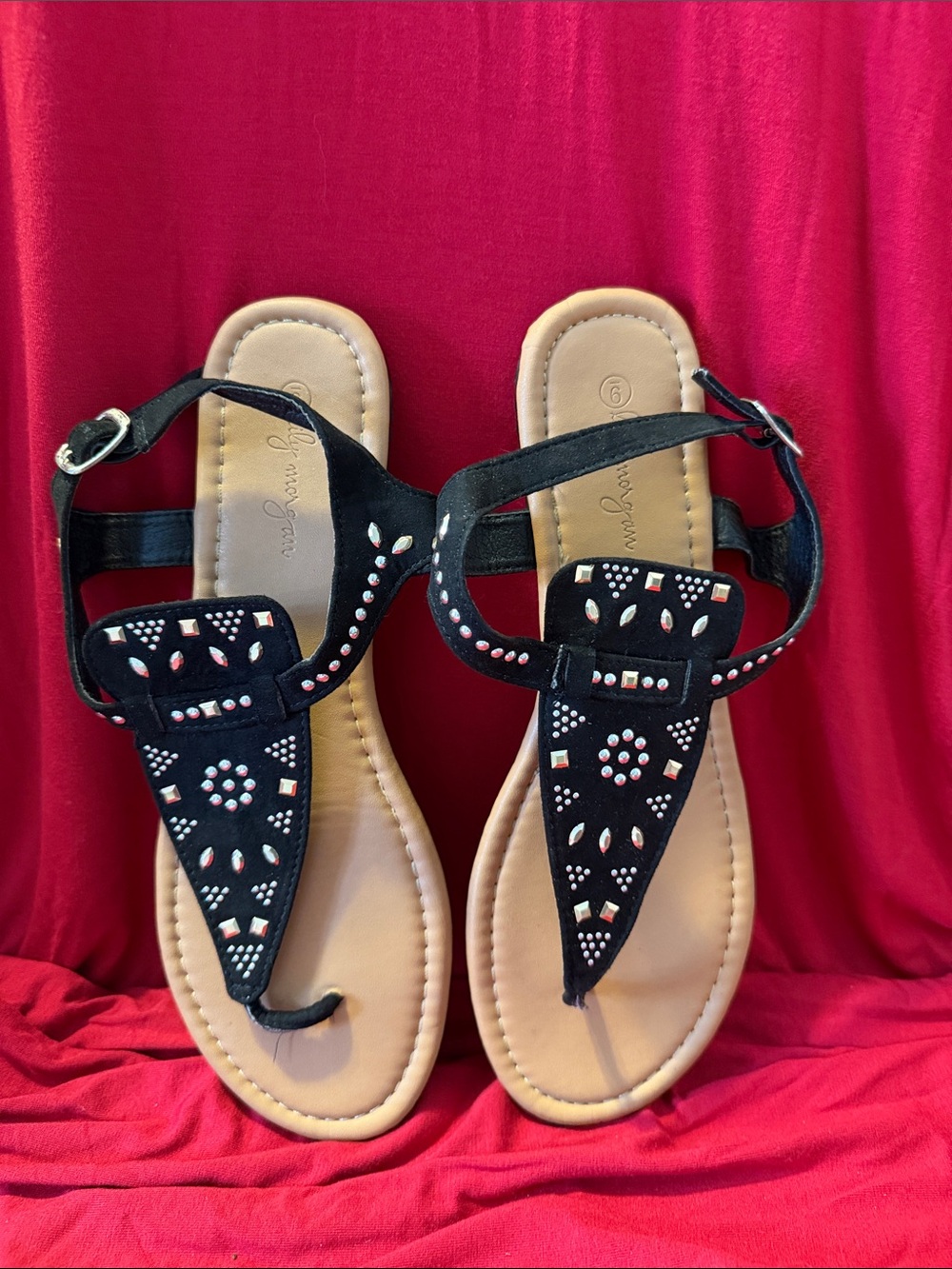 Women's Black Embellished T-Strap Sandals